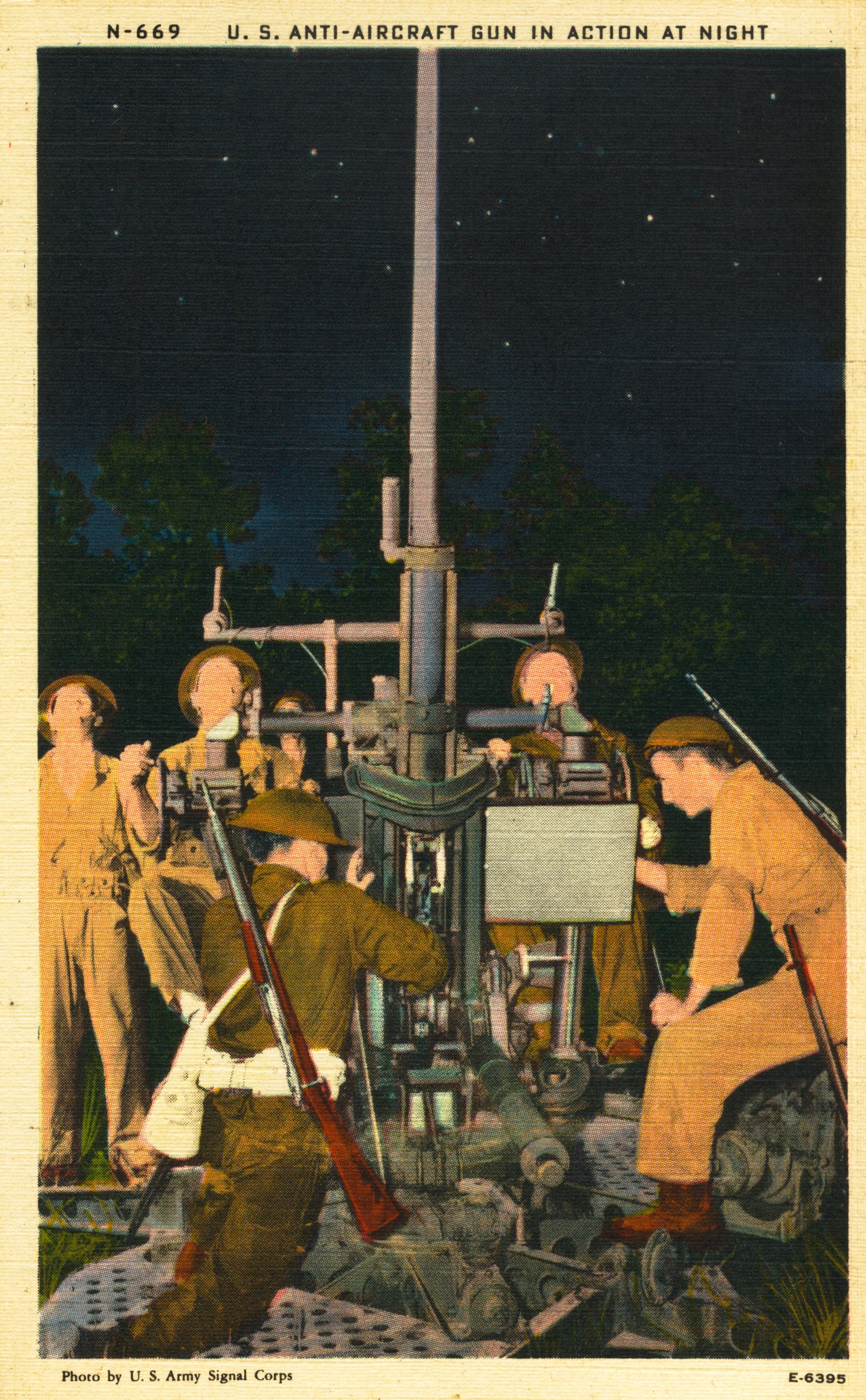 Anti-aircraft gun in action at night