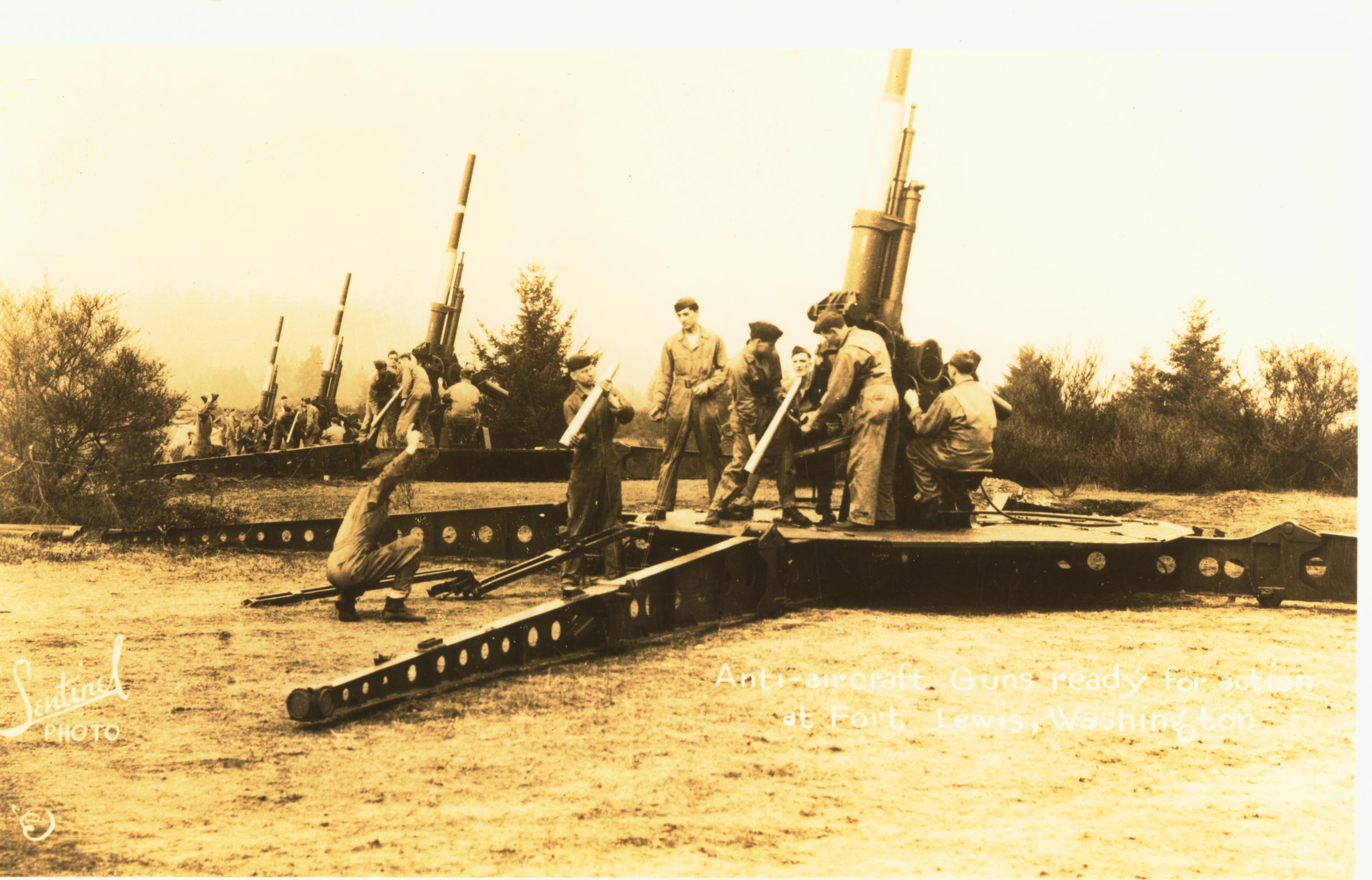 Anti-aircraft guns ready for action Fort Lewis Washington