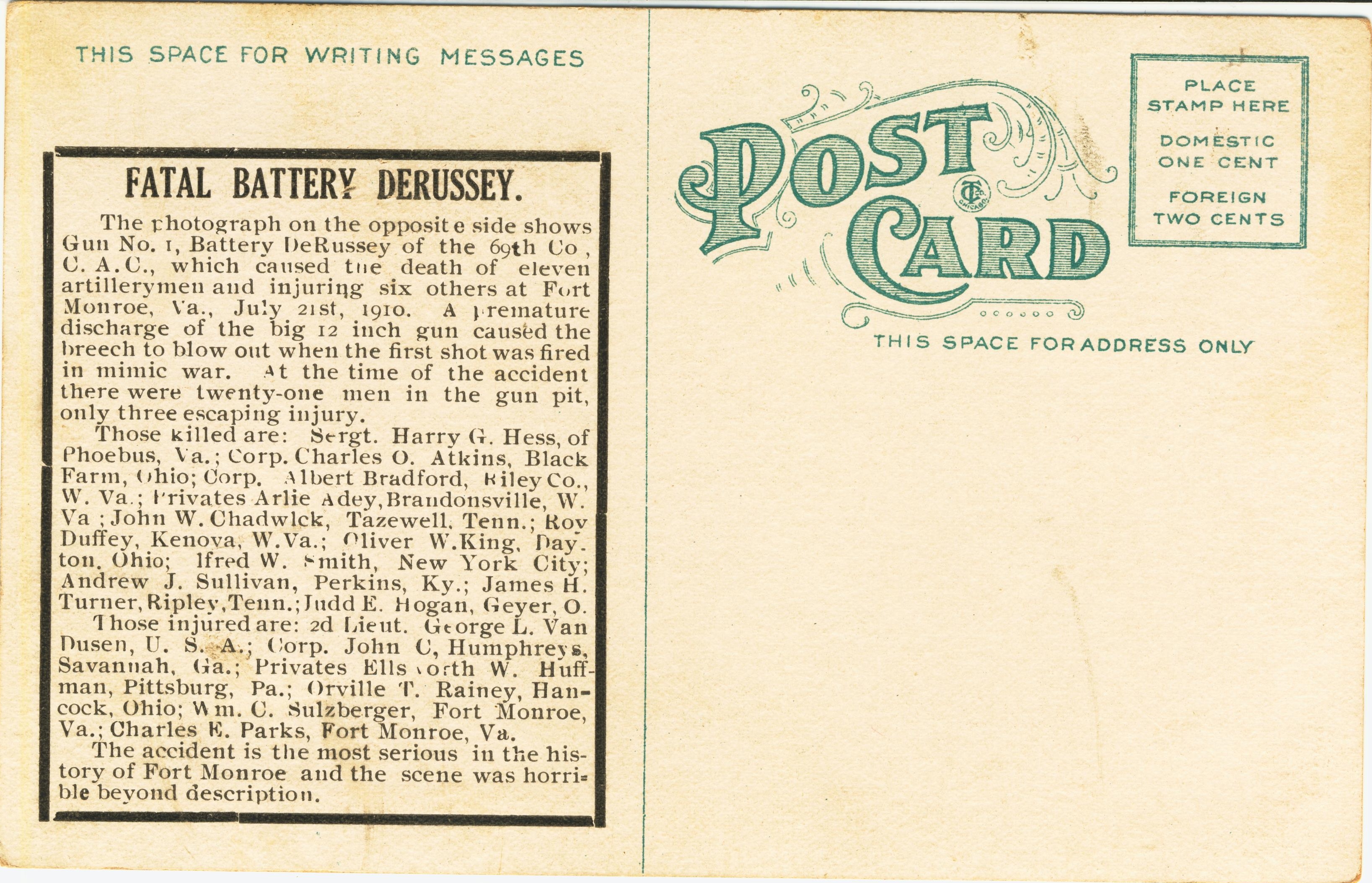 Battery De Russey Gun Explosion back of card