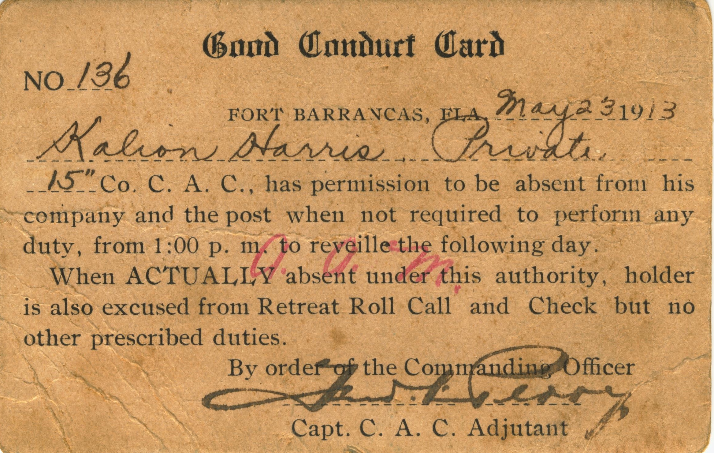 Good Conduct Card Fort Barrancas