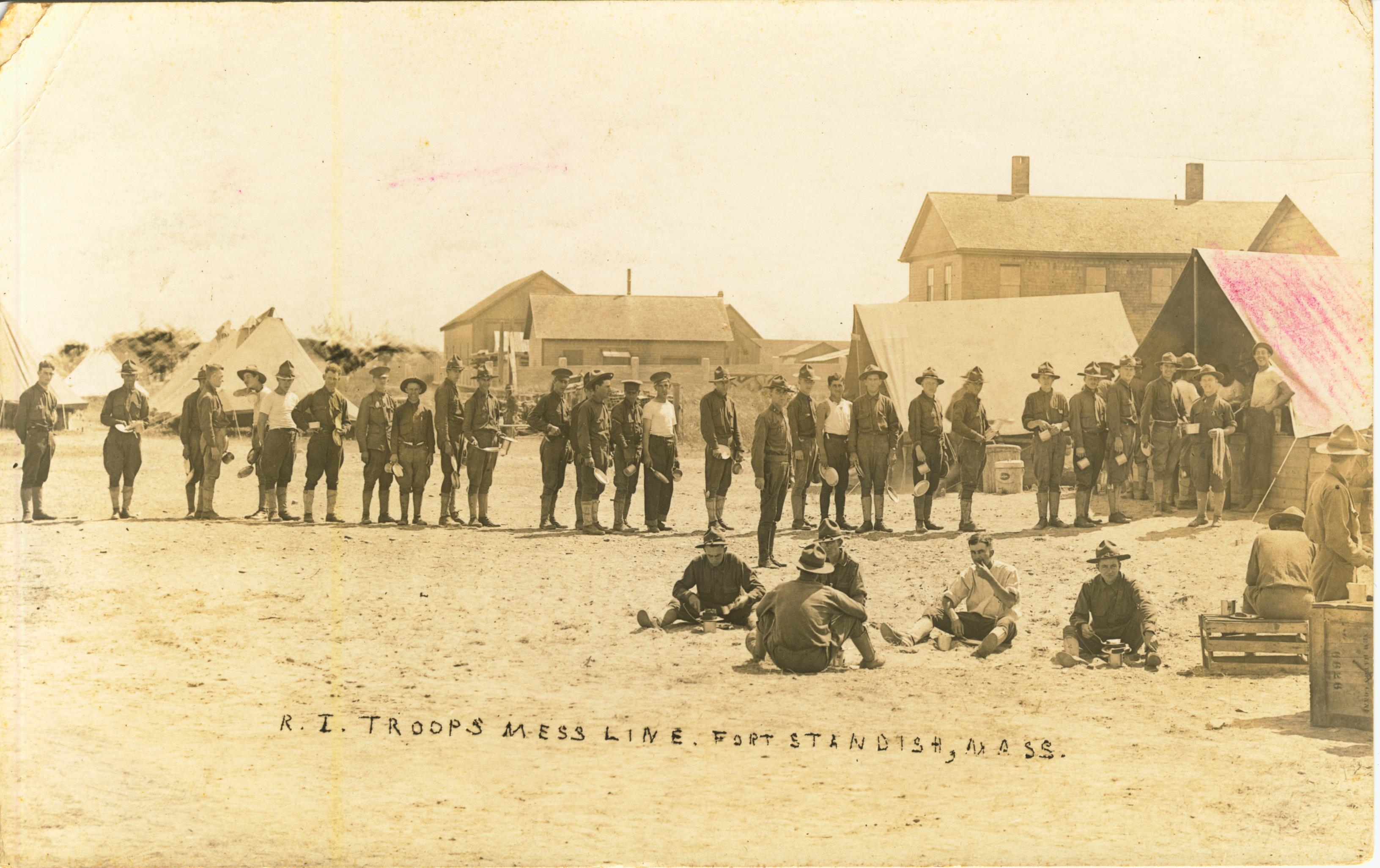 R.I. troops mess line Fort Standish Mass 32nd Co Coast Artillery of Boston