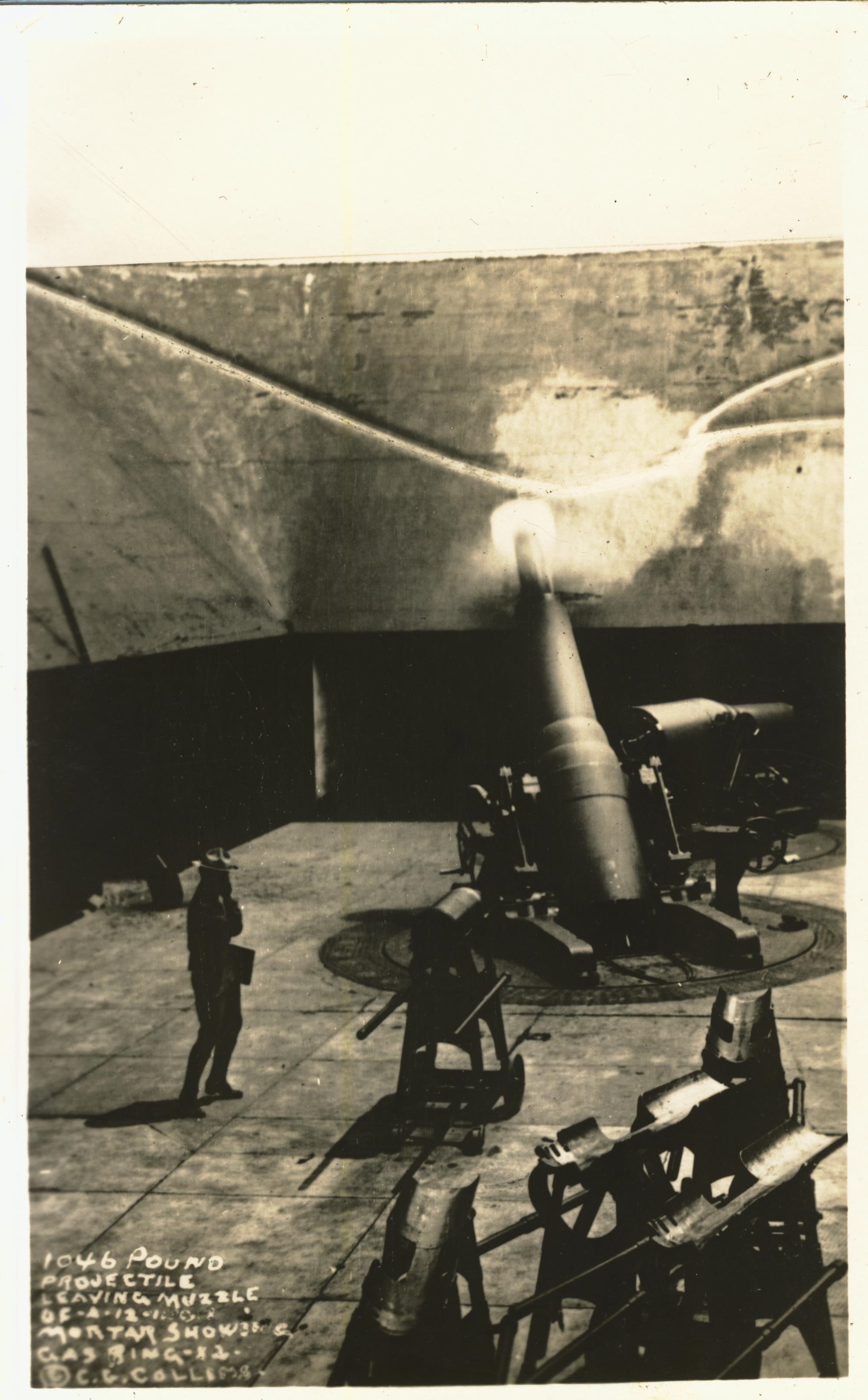 1046 pound projectile leaving muzzle of 12 inch mortar showing gas ring