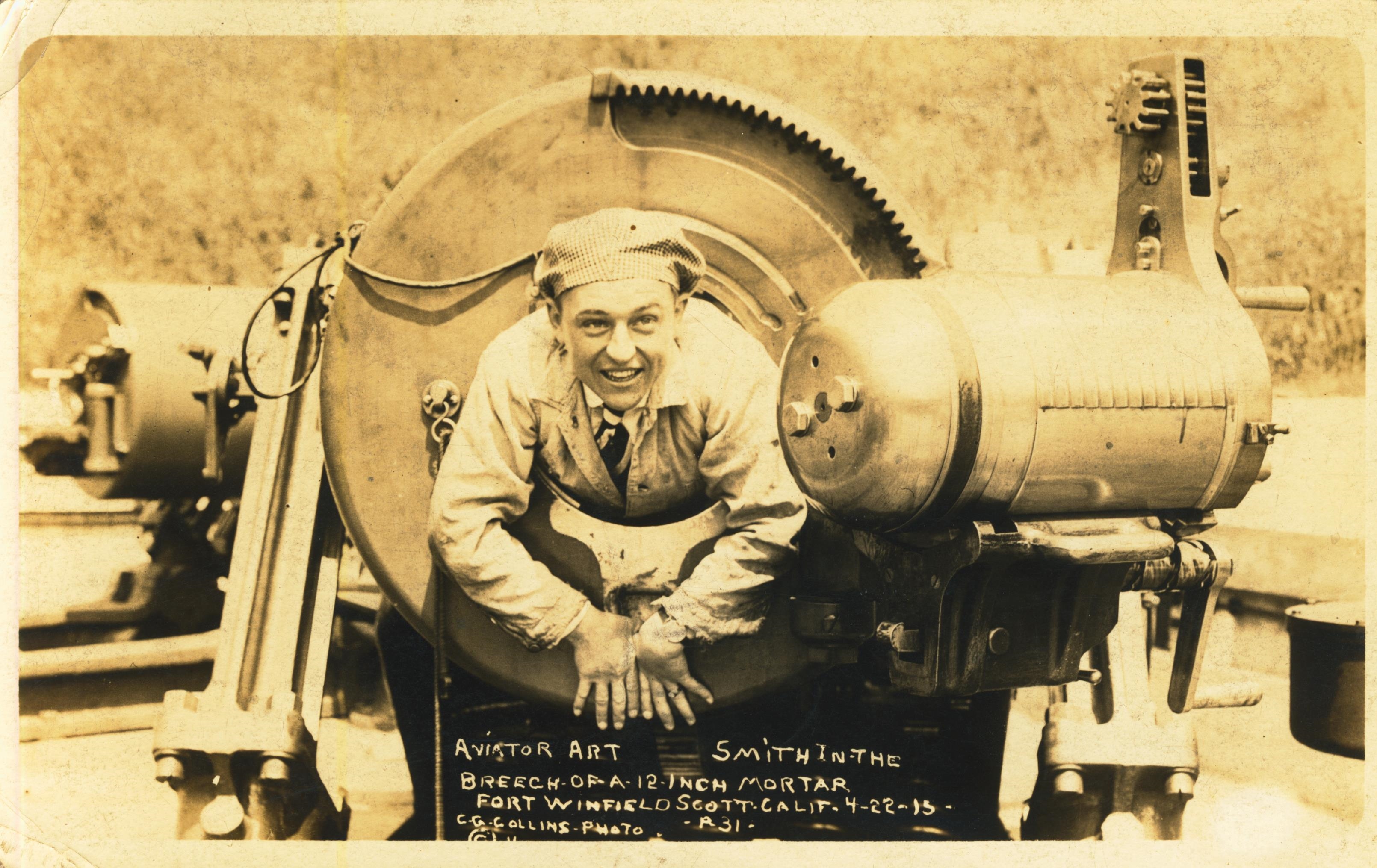 Aviator Art Smith in breech of 12 inch mortar Fort Winfield Scott Calif 4 22 15