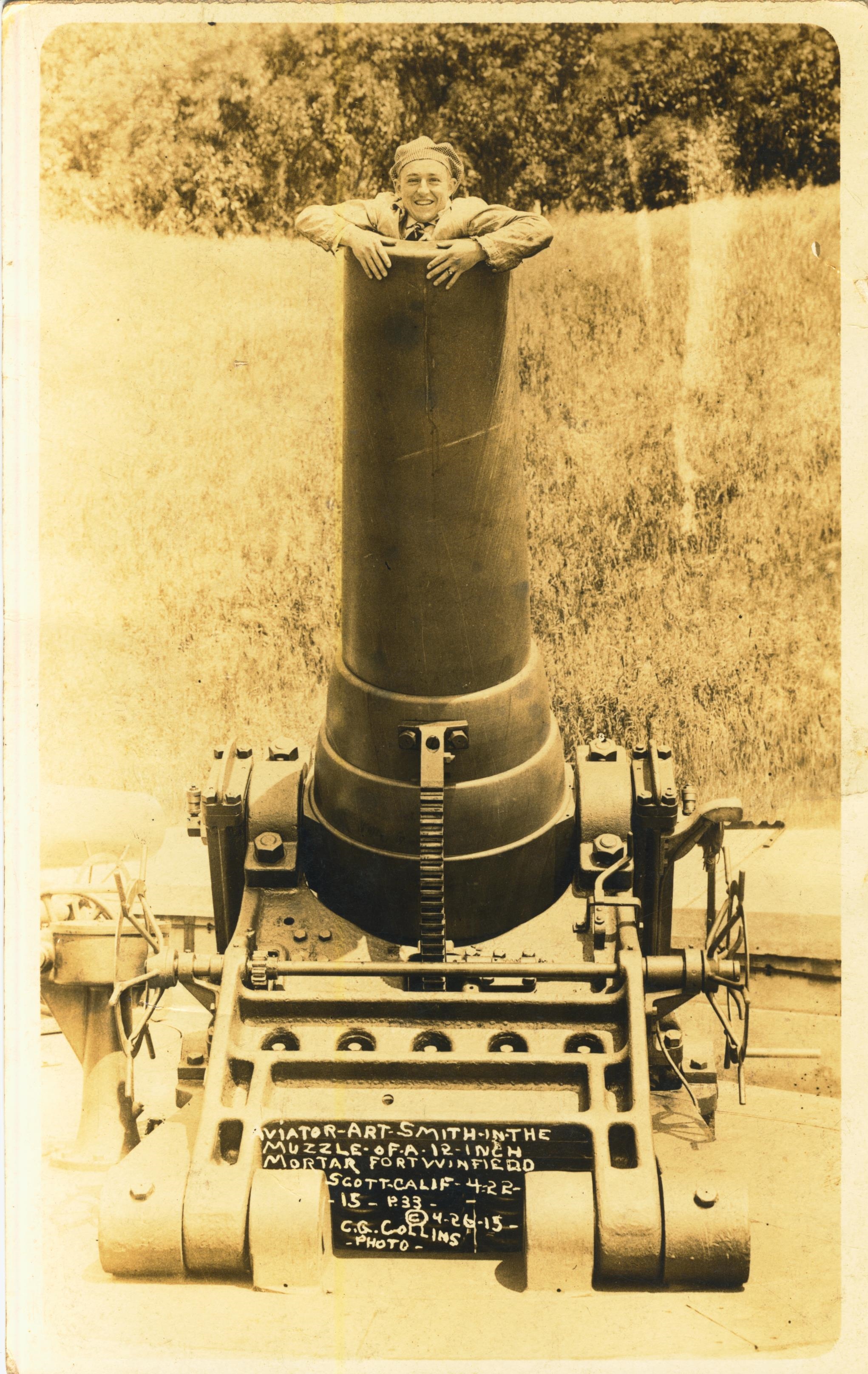 Aviator Art Smith in muzzle of 12 inch mortar Fort Winfield Scott Calif 4 22 15