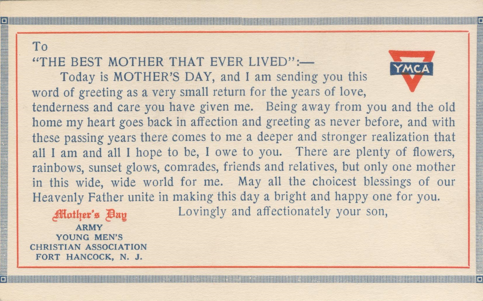 Mothers Day Card YMCA Fort Hancock