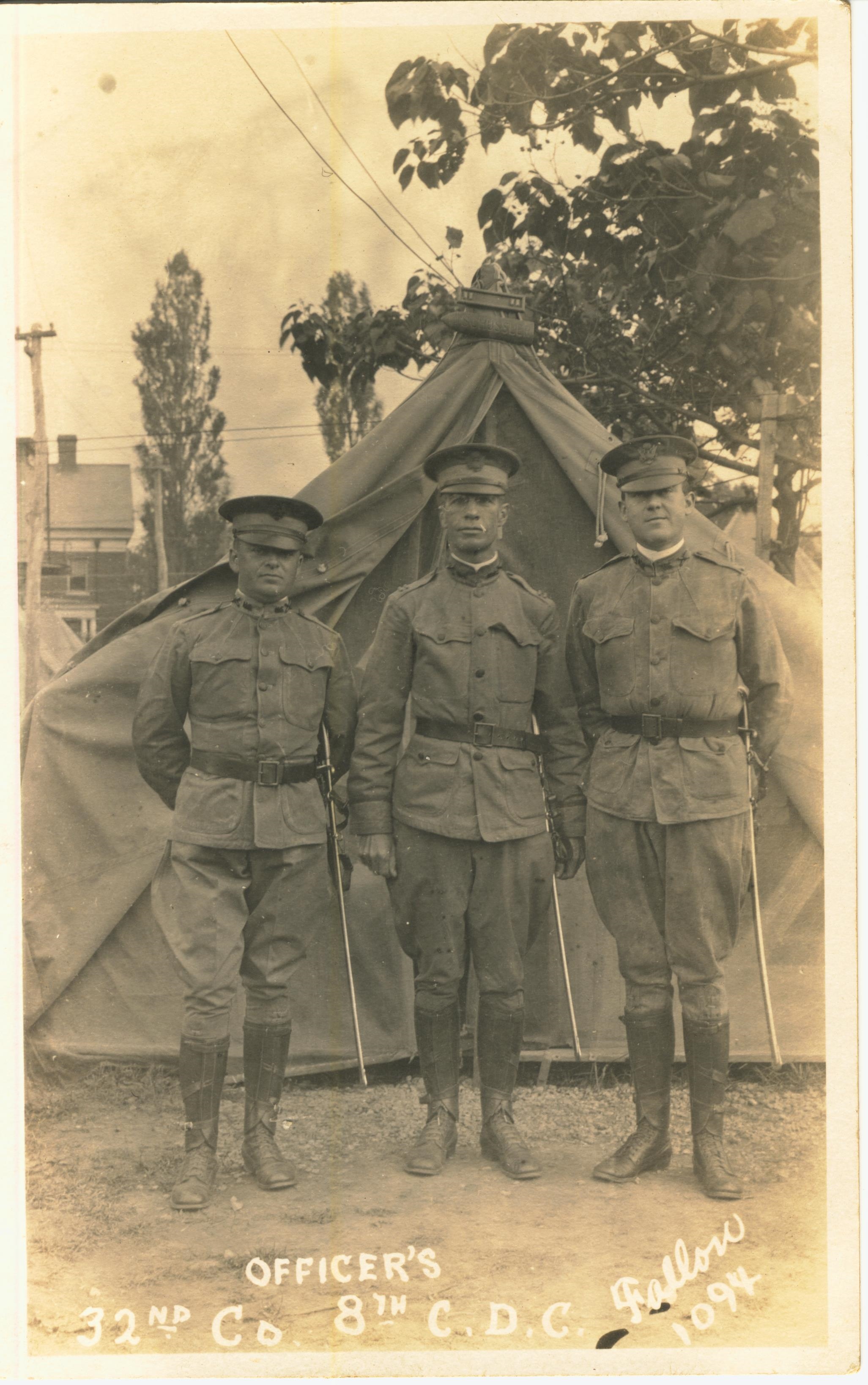 Officers 32nd Company 8th C.D.C photo by Fallon Fort totten name on shell on tent is Schusser
